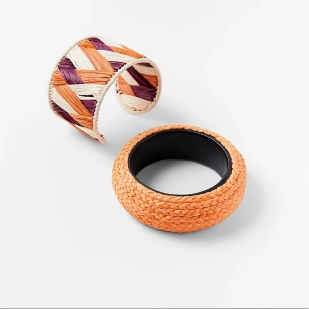 ZARA Natural Raffia & Mango Tree Wood Bracelet Set in Orange & Burgundy - Picture 8 of 10